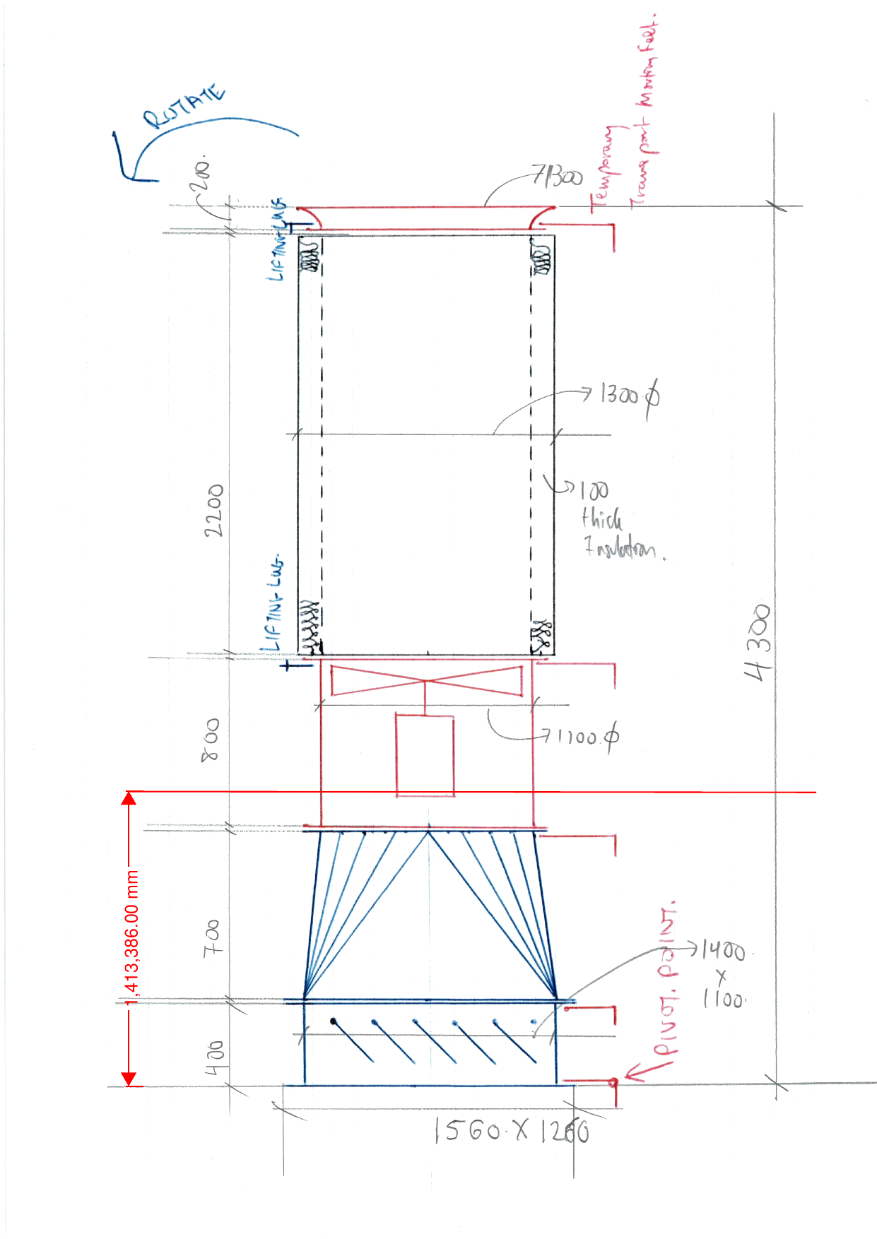 Hand drawn engineering design sketch for ventilation equipment